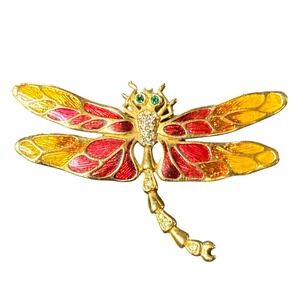 Vintage Gold Tone Dragonfly Brooch Pin Enamel Rhinestone Green Wings Jewelry